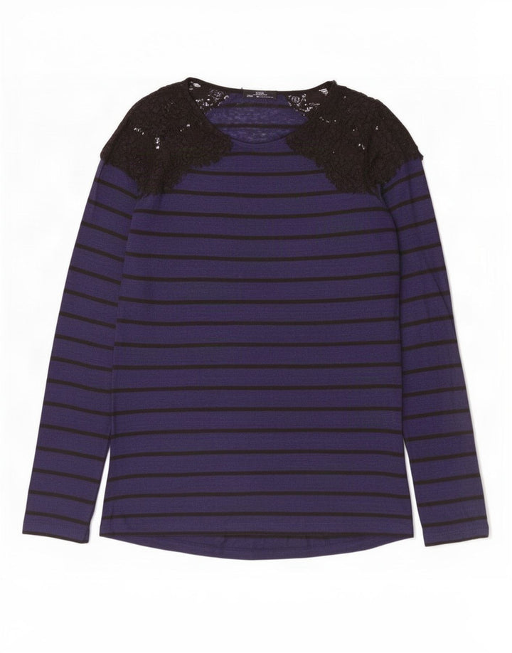 Top feminino Zara manga comprida UK 14 grande listrado azul marinho