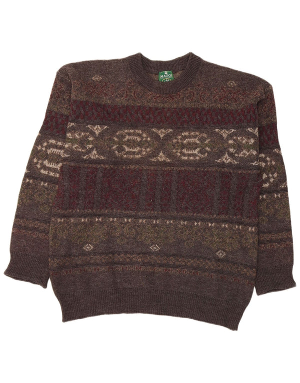 Suéter vintage masculino com gola redonda, grande lã Fair Isle cinza