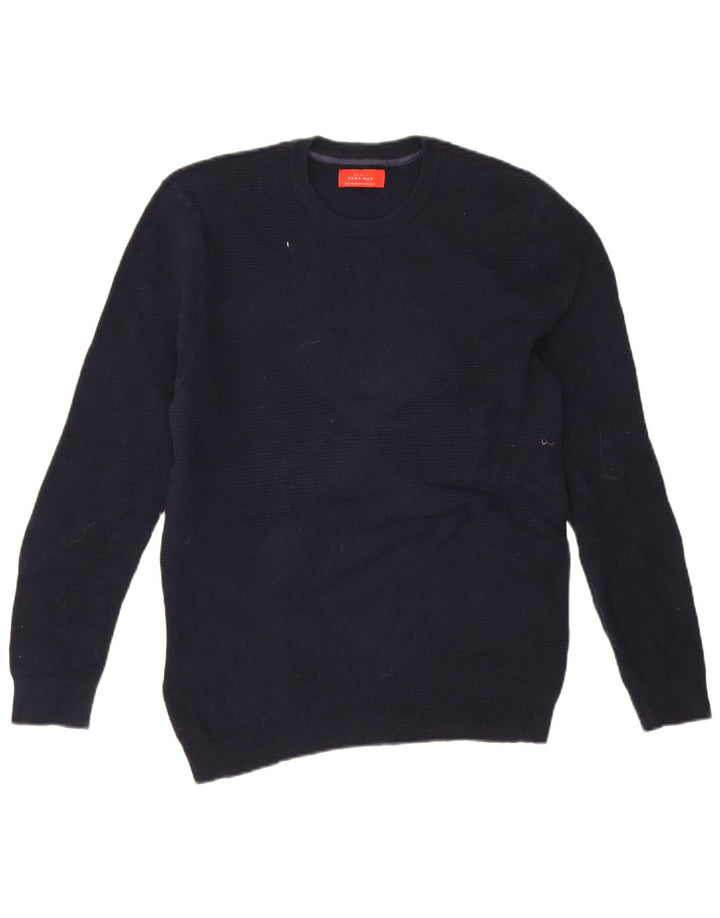 Zara Suéter masculino com gola redonda grande algodão azul marinho