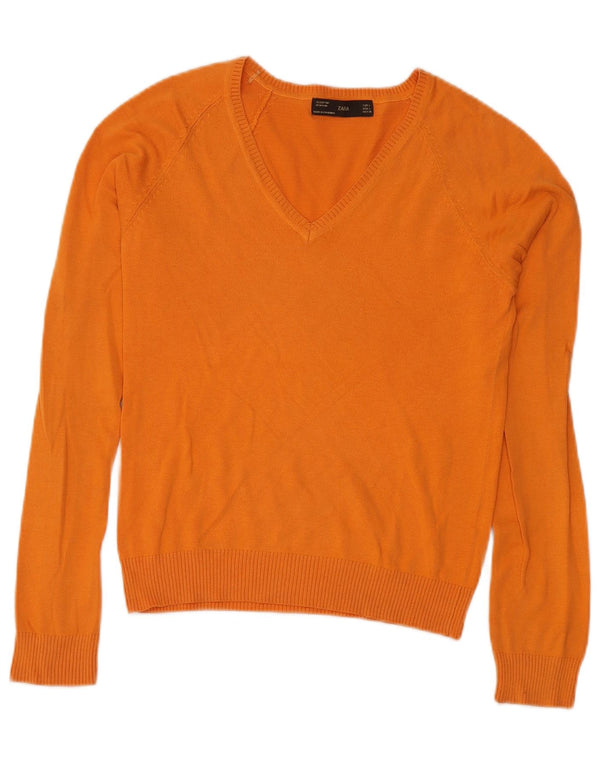Zara Womens V-Neck Jumper Sweater UK 14 Large Orange Cotton
