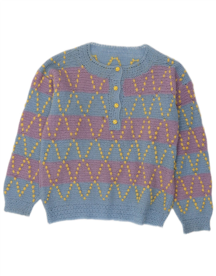 Suéter feminino VINTAGE com gola redonda e botão UK 12 listrado azul médio