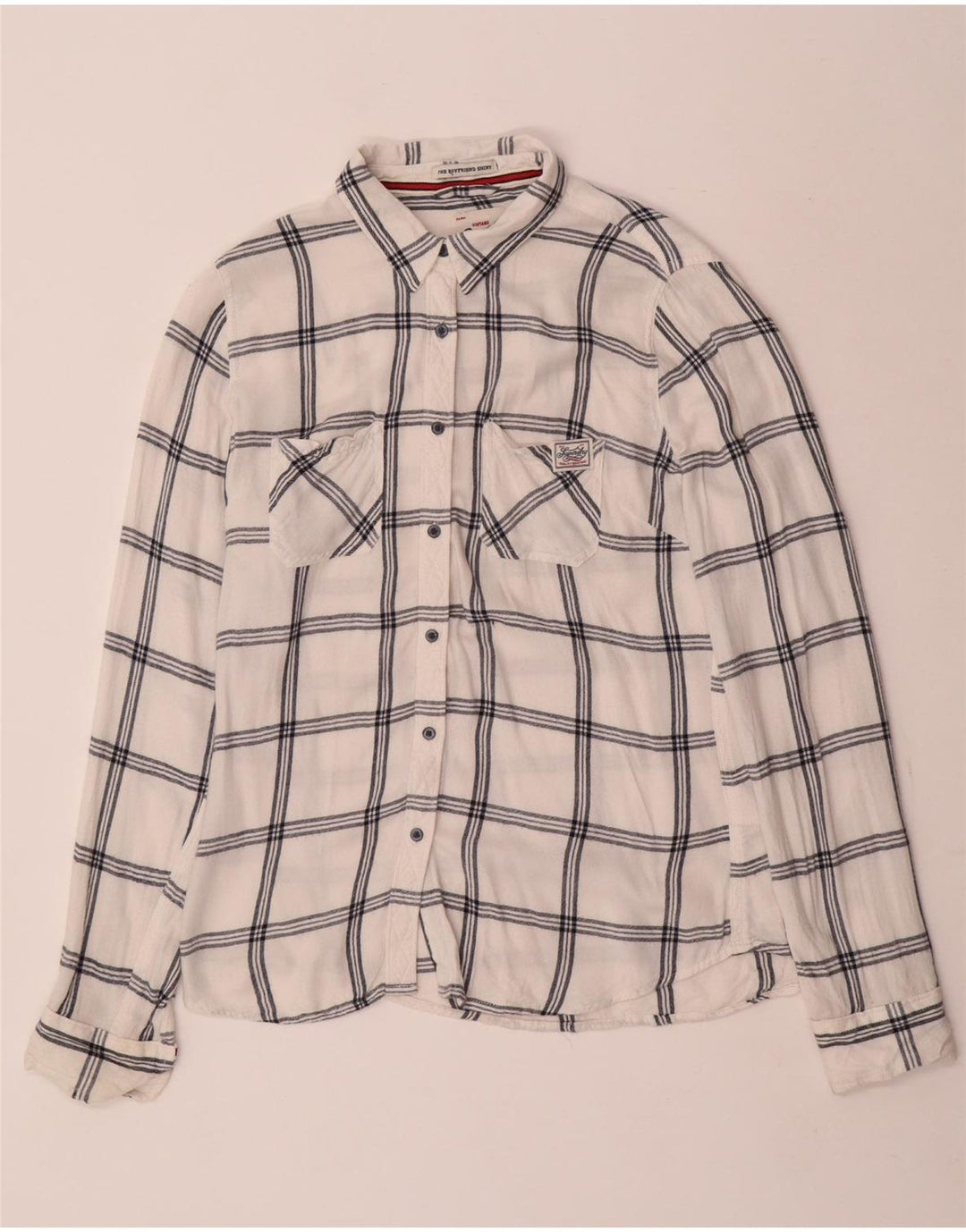 Camisa feminina Superdry de flanela Boyfriend UK 14 média branca xadrez viscose
