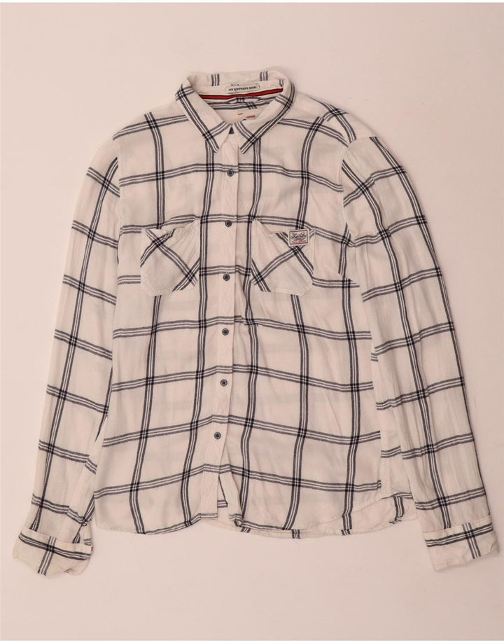 Camisa feminina Superdry de flanela Boyfriend UK 14 média branca xadrez viscose