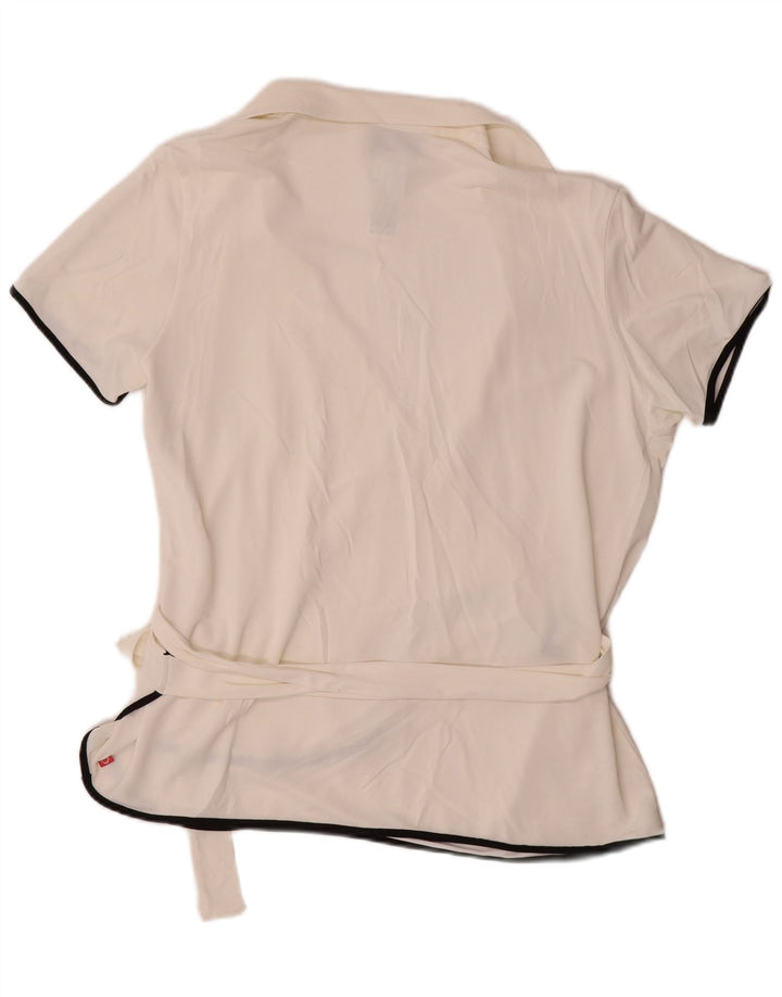 MARINA RINALDI blusa feminina manga curta envolvente Reino Unido 14 médio branco