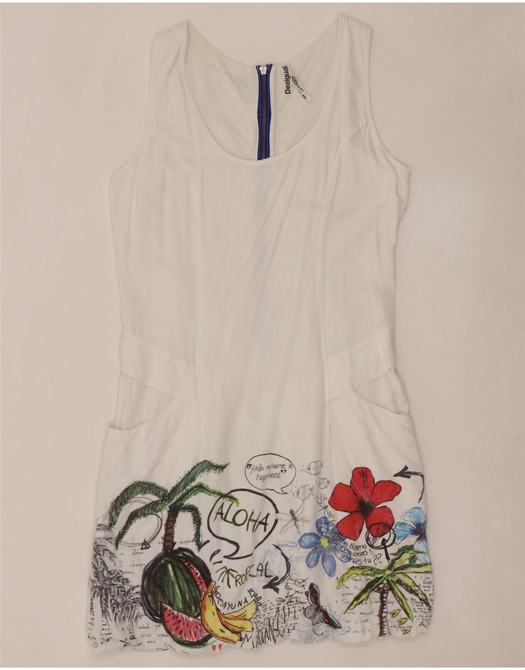 DESIGUAL Vestido feminino estampado sem mangas bolha UE 40 médio branco floral