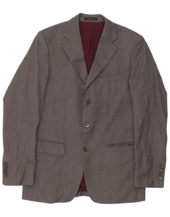 Jaqueta blazer masculina Zara com 3 botões EU 50 lã listrada cinza médio