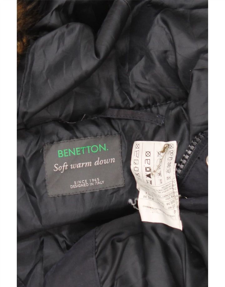 Casaco feminino acolchoado com capuz e capuz Benetton UK 8 pequeno azul marinho