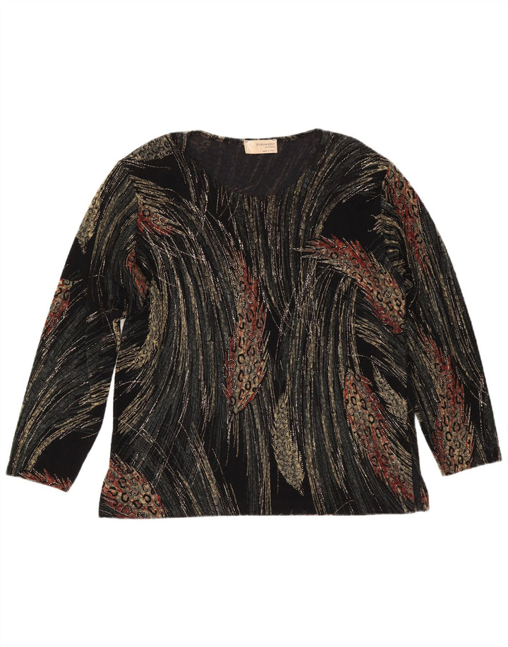 Top feminino vintage com padrão abstrato manga longa Reino Unido 16 grande viscose preta