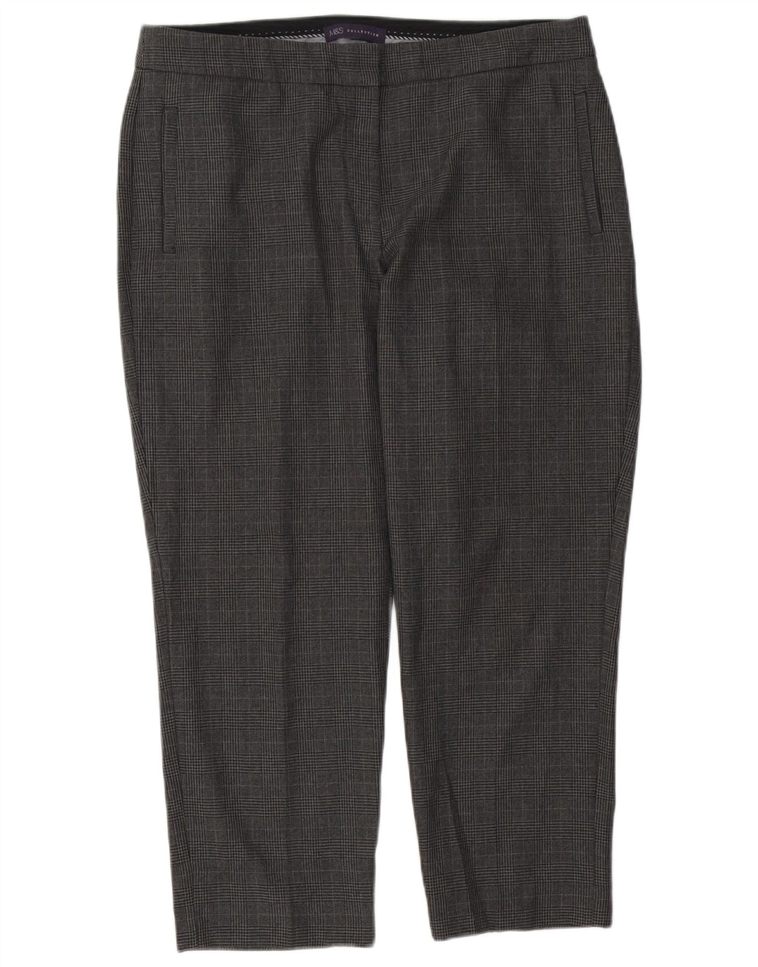 Calças cortadas femininas Marks & Spencer UK 14 grandes W34 L25 xadrez cinza