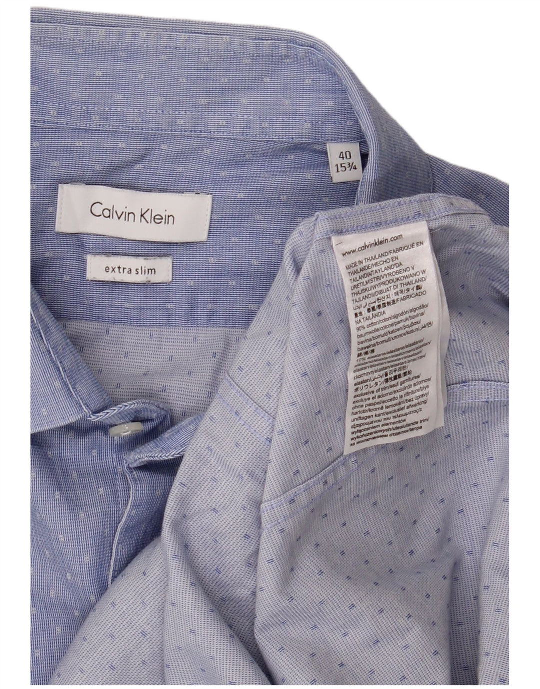 Camisa masculina Calvin Klein extra slim fit tamanho 40 15 1/2 azul médio manchado