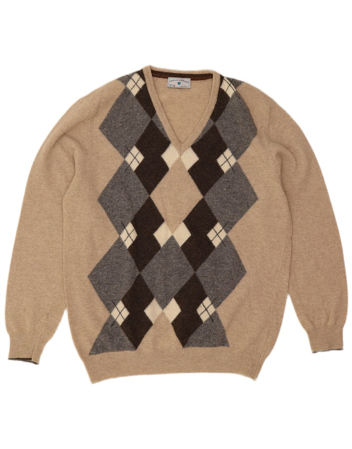 Suéter masculino Melaverde com decote em V 2XL bege argyle/lã diamante