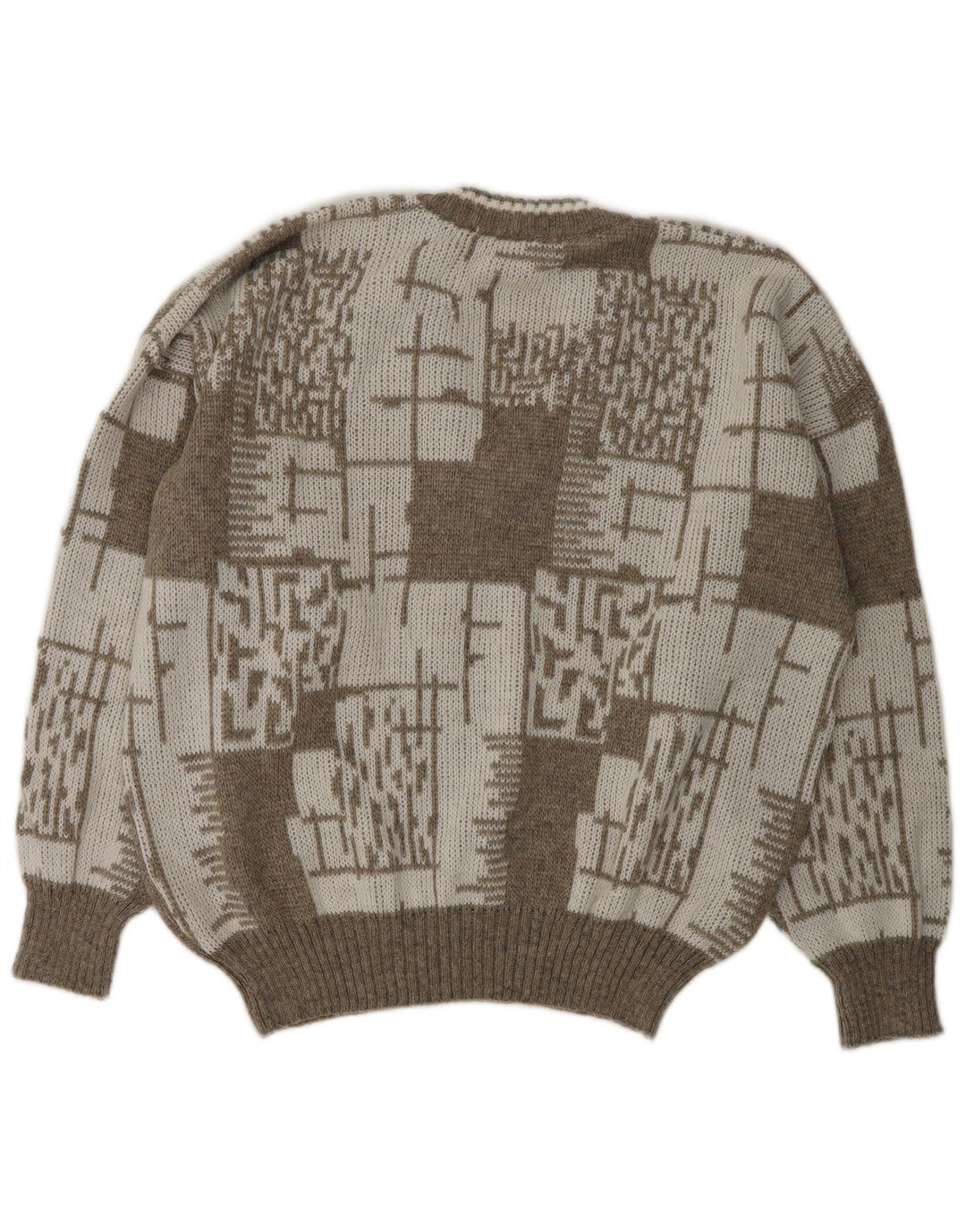 Suéter masculino VINTAGE com decote em V XL de lã geométrica bege