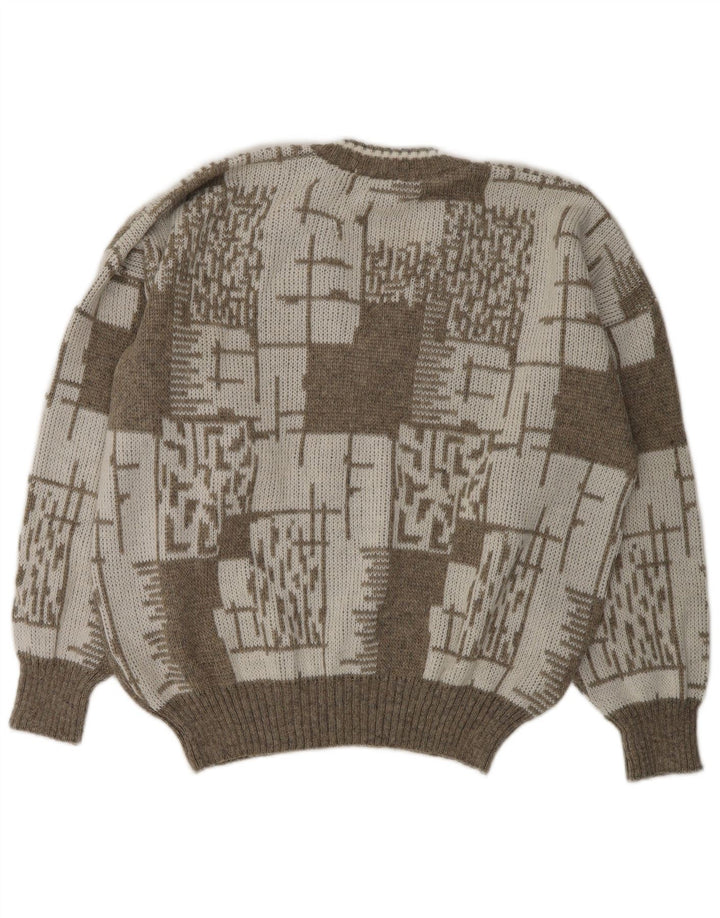 Suéter masculino VINTAGE com decote em V XL de lã geométrica bege