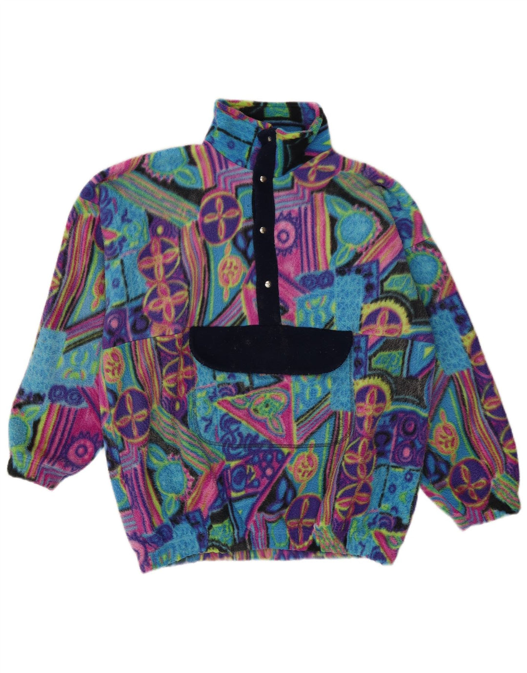 Vintage masculino Anorak Fleece Jumper grande poliamida geométrica multicolorida