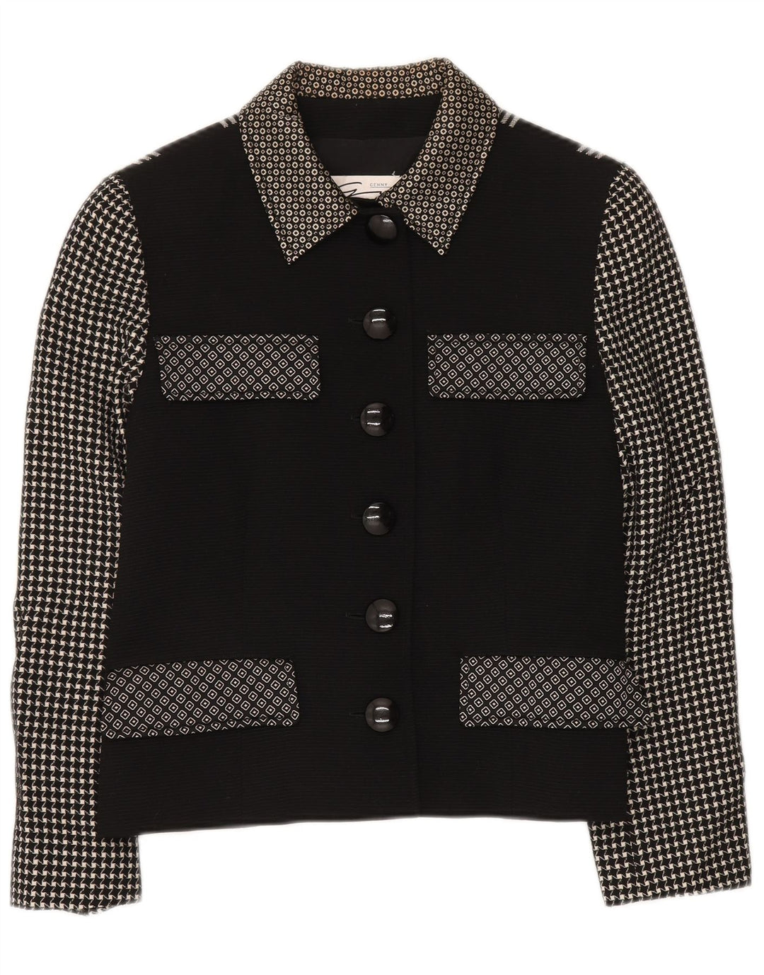 Jaqueta blazer feminina GENNY com 6 botões Reino Unido 14 patchwork preto médio