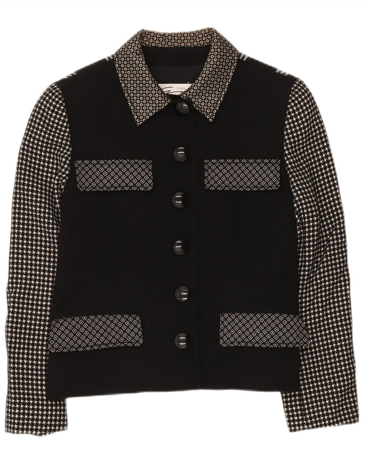 Jaqueta blazer feminina GENNY com 6 botões Reino Unido 14 patchwork preto médio