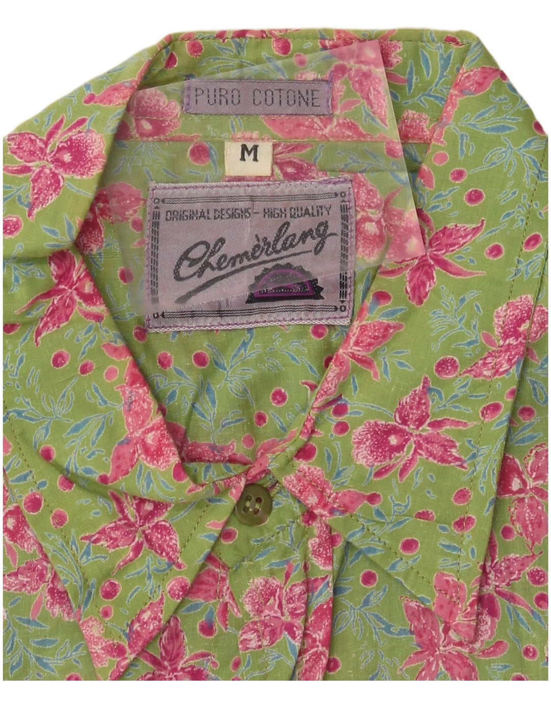 Camisa masculina vintage de manga curta algodão floral verde médio