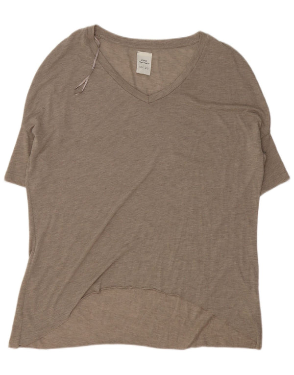 Camiseta feminina grande Zara UK 10 pequena poliéster bege