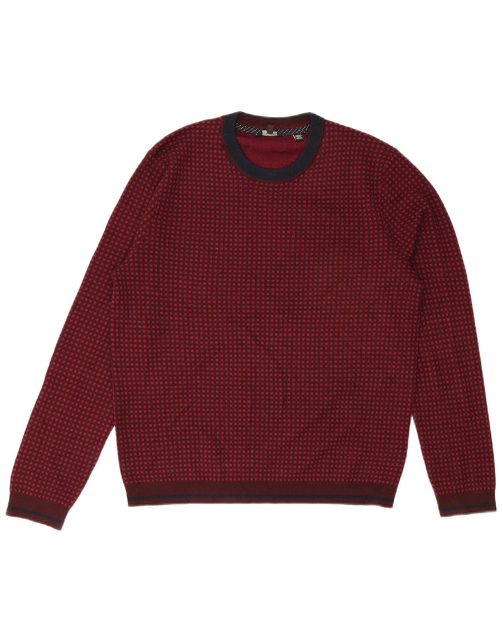 Suéter masculino Ted Baker com gola redonda tamanho 5 XL lã xadrez borgonha