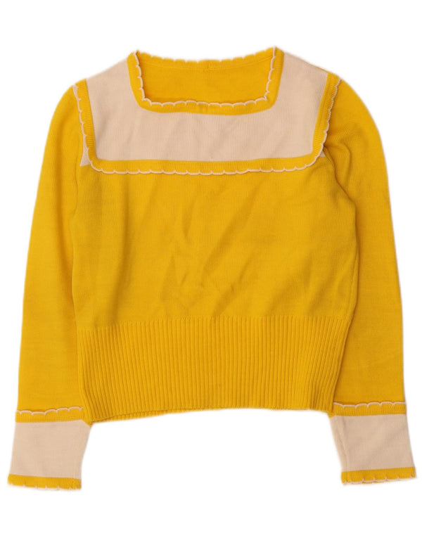 Suéter feminino vintage com gola canoa e decote em barco UK 10 pequeno bloco colorido amarelo