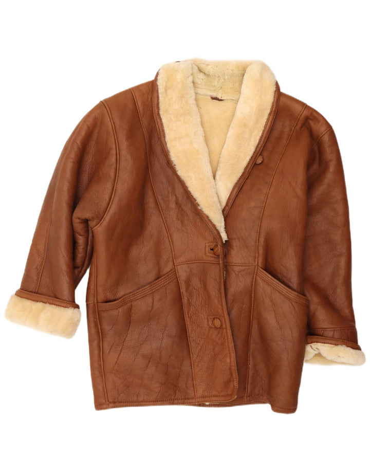Jaqueta feminina vintage de shearling grande EUA 8 couro marrom médio