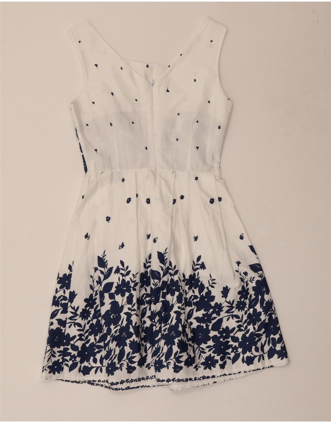 Vestido feminino VINTAGE sem mangas em linha A Reino Unido 8 pequeno algodão floral branco