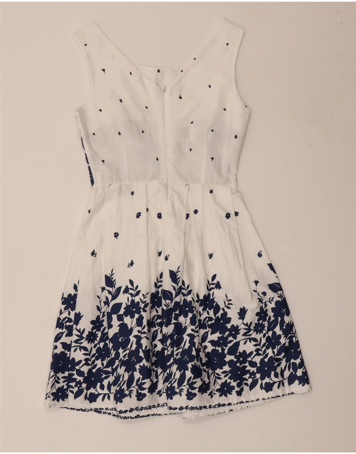 Vestido feminino VINTAGE sem mangas em linha A Reino Unido 8 pequeno algodão floral branco