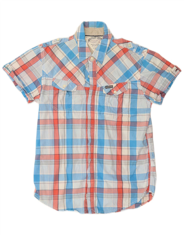 TOMMY HILFIGER Camisa militar masculina de manga curta de algodão xadrez azul médio