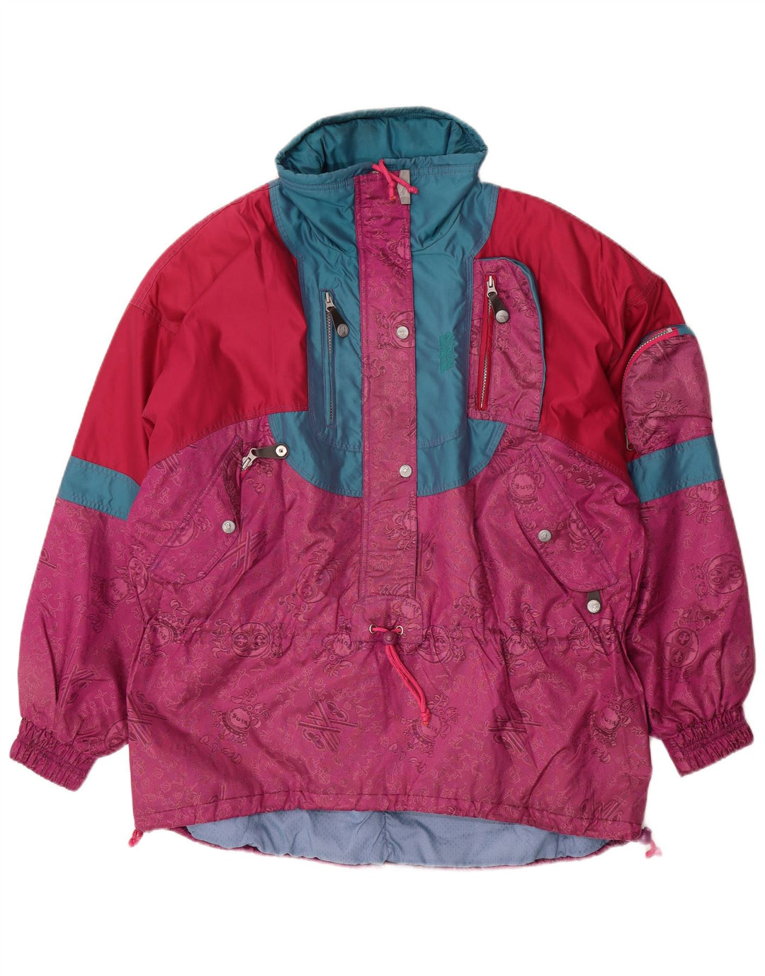 Pulôver feminino vintage jaqueta de esqui grande Reino Unido 16 grande bloco colorido rosa