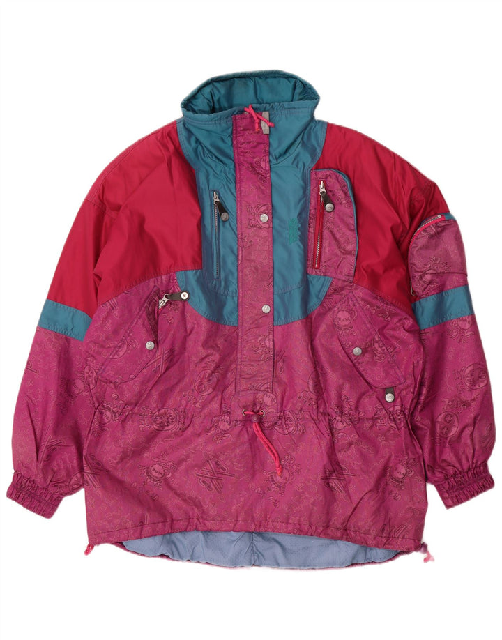 Pulôver feminino vintage jaqueta de esqui grande Reino Unido 16 grande bloco colorido rosa