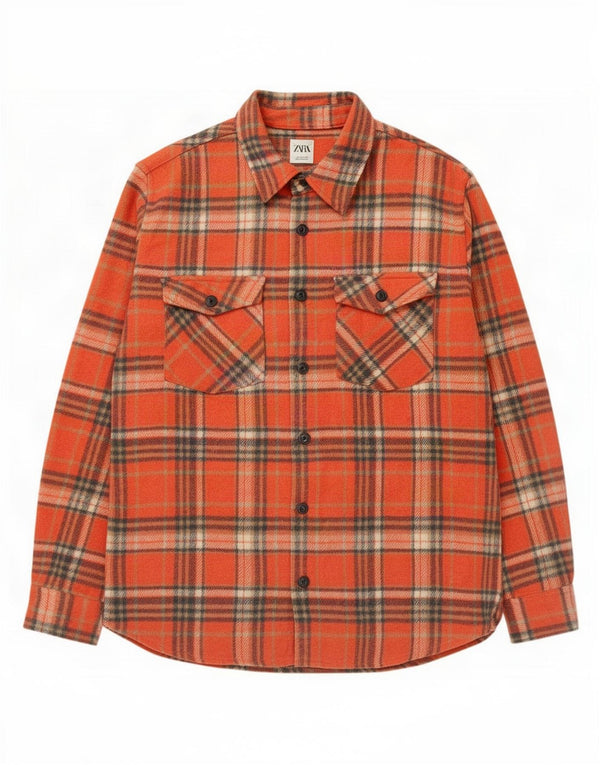 Zara Camisa masculina de flanela com ajuste relaxado grande poliéster xadrez laranja