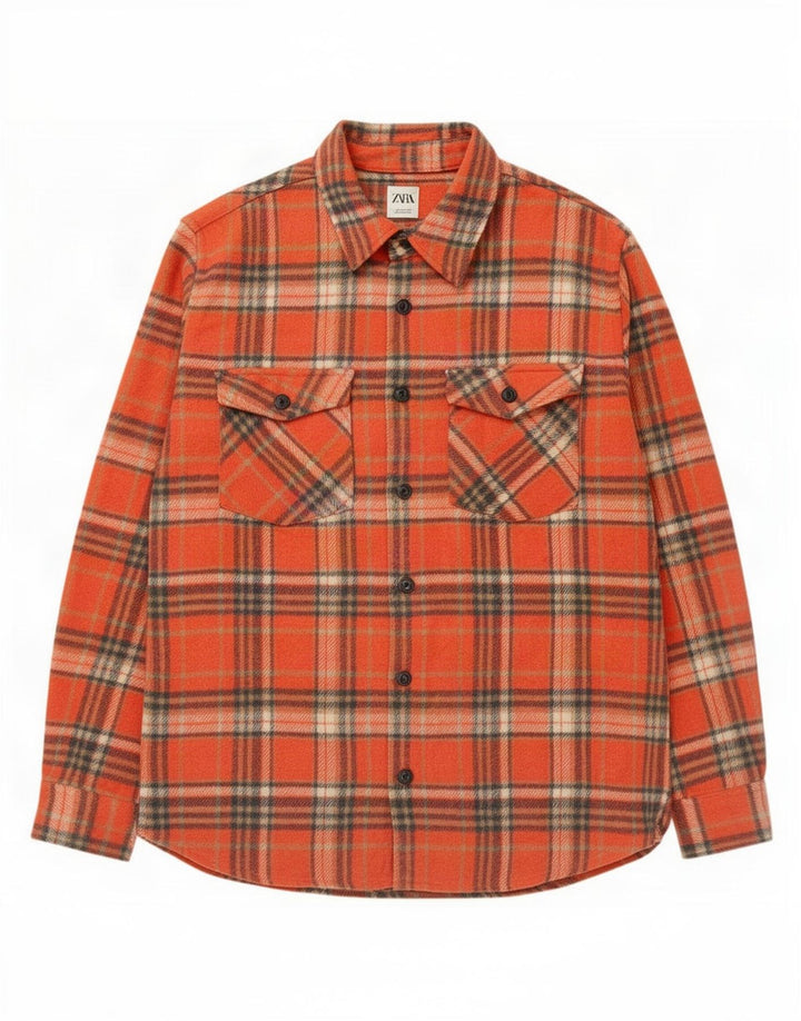 Zara Camisa masculina de flanela com ajuste relaxado grande poliéster xadrez laranja