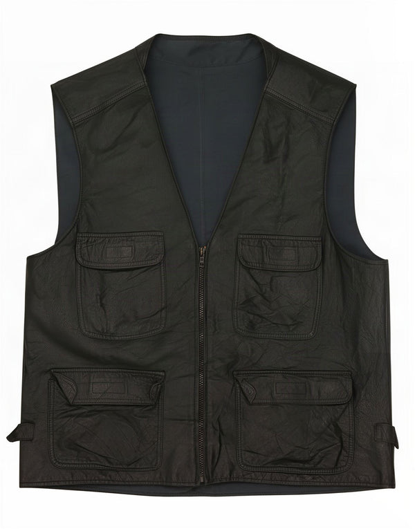 Vintage Mens Leather Utility Gilet UK 38 Medium Black
