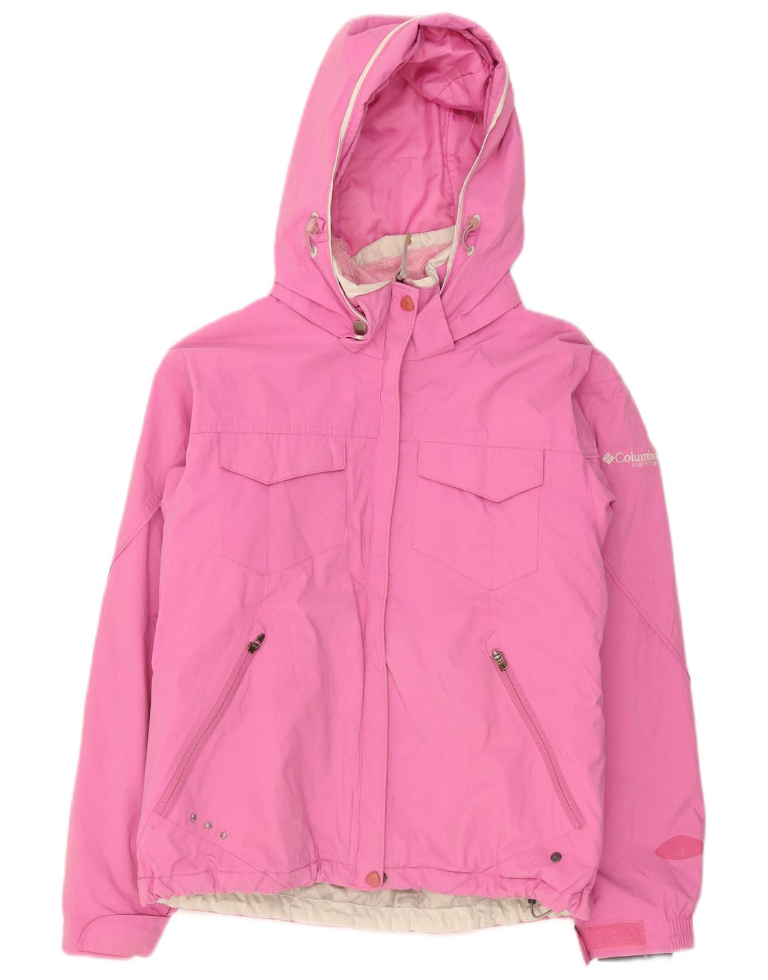 Jaqueta de chuva feminina com capuz Columbia UK 14 médio rosa nylon