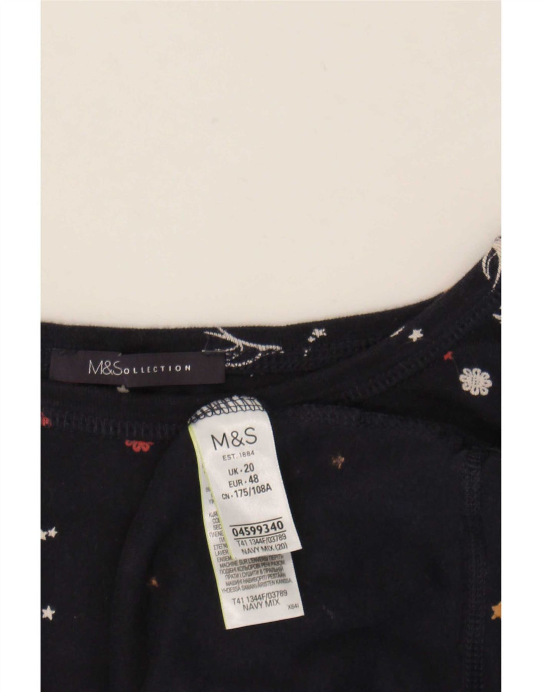 Top feminino Marks & Spencer com padrão abstrato manga 3/4 Reino Unido 20 2XL azul marinho