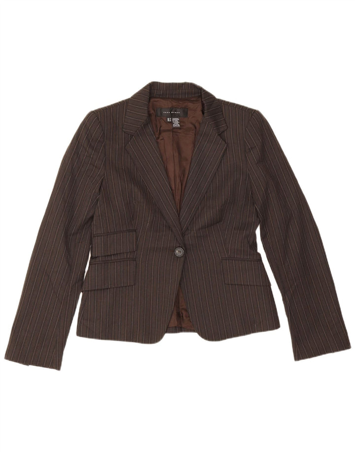 Jaqueta blazer feminina Zara com 1 botão EU 38 poliéster listrado marrom pequeno