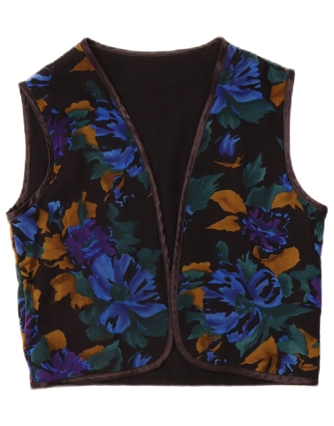 Colete vintage feminino aberto UK 12 médio preto floral