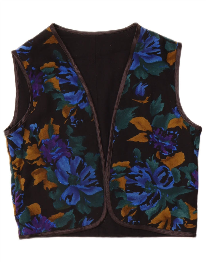 Colete vintage feminino aberto UK 12 médio preto floral