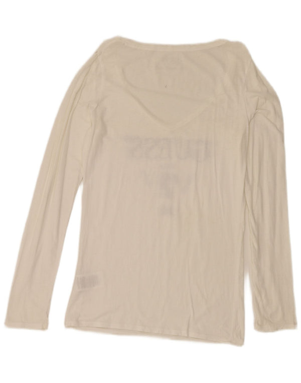 Guess Womens Graphic Top Long Sleeve UK 12 Medium Off White Cotton