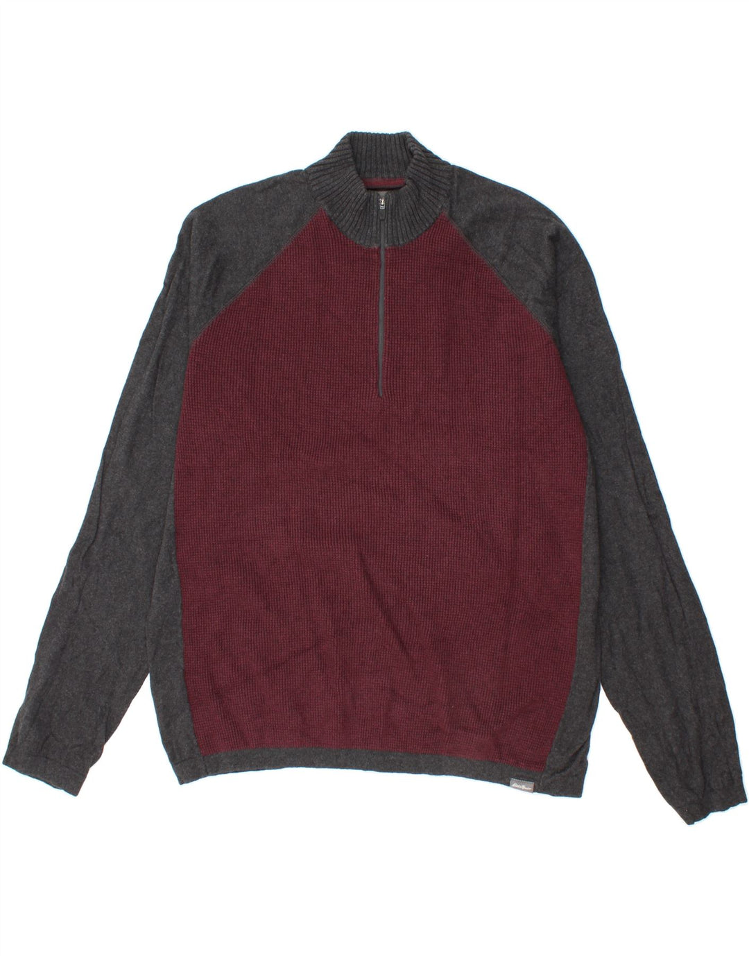 EDDIE BAUER Mens Zip Neck Jumper Sweater XL Maroon Colourblock Cotton Vintage Eddie Bauer and Second-Hand Eddie Bauer from Messina Hembry 