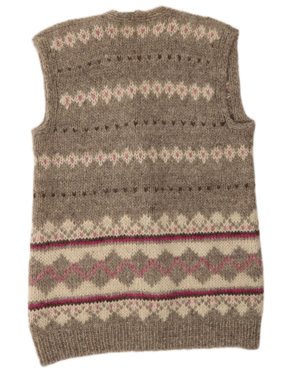 Suéter cardigã feminino vintage com palangre Reino Unido 16 grande bege Fair Isle