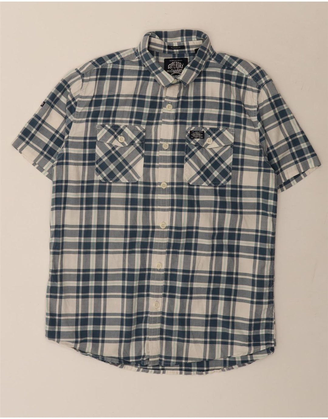 Camisa masculina Superdry de manga curta XL azul xadrez algodão