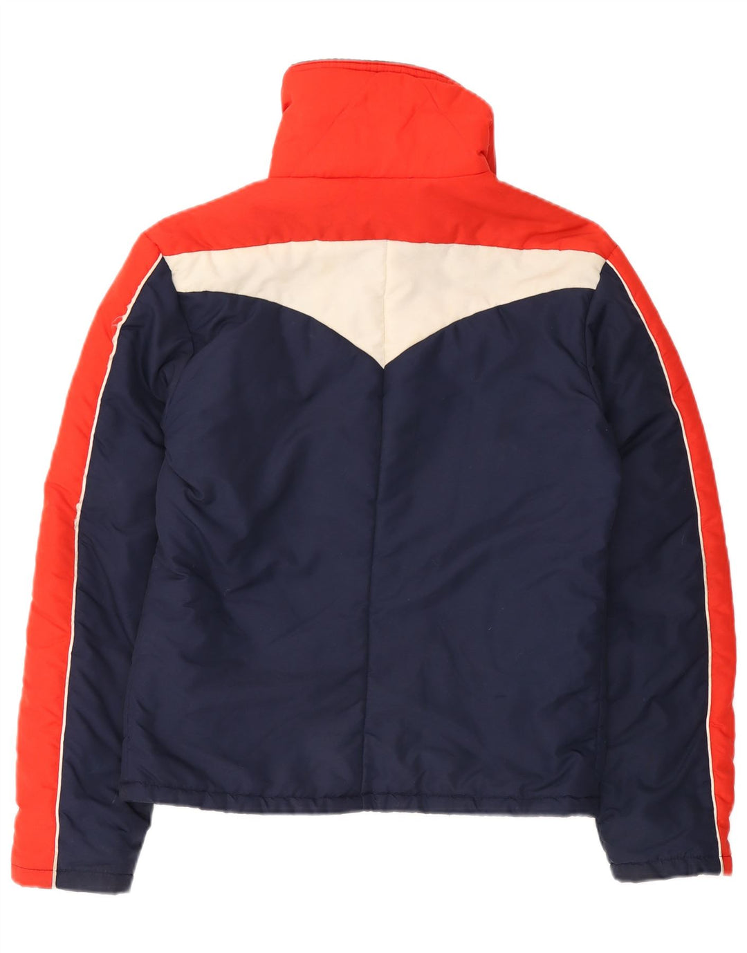 Jaqueta acolchoada feminina vintage Reino Unido 14 grande bloco colorido azul marinho
