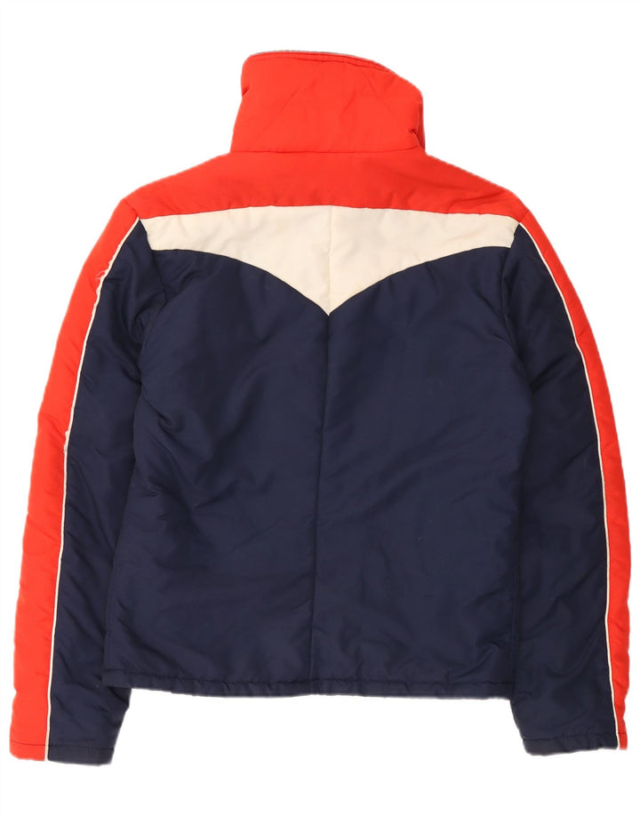 Jaqueta acolchoada feminina vintage Reino Unido 14 grande bloco colorido azul marinho