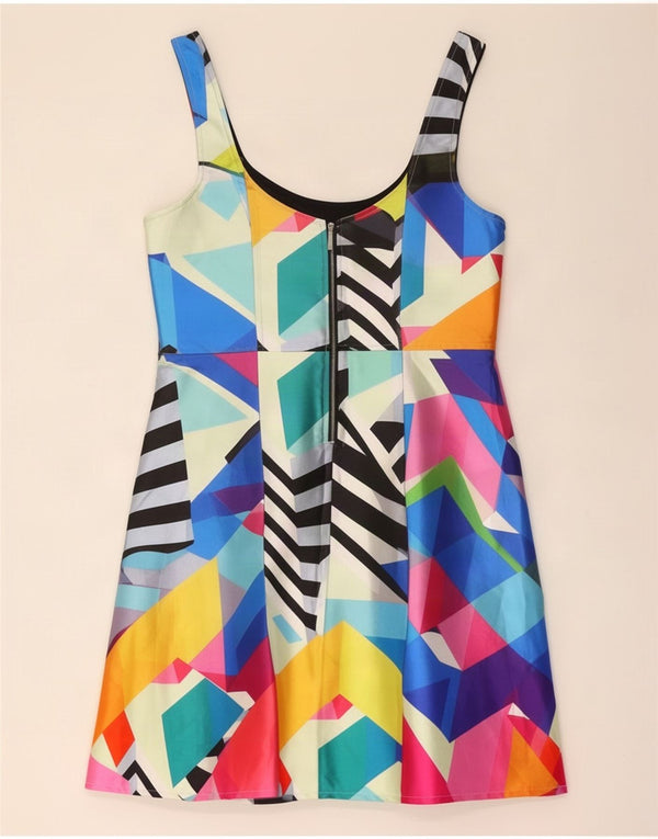 Vestido feminino Coast sem mangas evasê UK 14 grande multicolorido geométrico