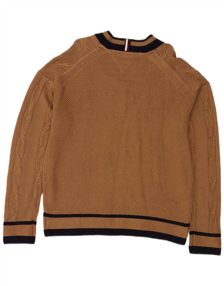 Suéter masculino Tommy Hilfiger com decote em V em bloco colorido marrom médio