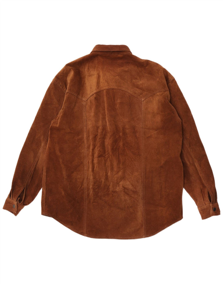 Camisa masculina de camurça censurada em couro marrom médio