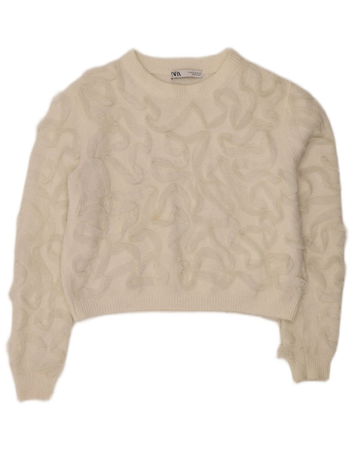 Zara Suéter feminino cropped com gola canoa Reino Unido 14 médio branco