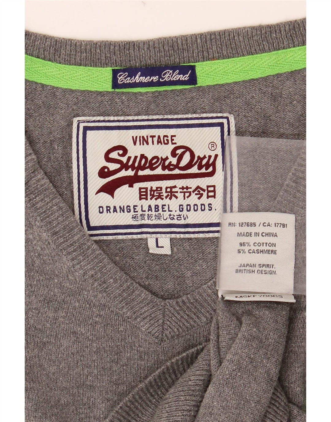 Suéter masculino SUPERDRY com decote em V grande algodão cinza