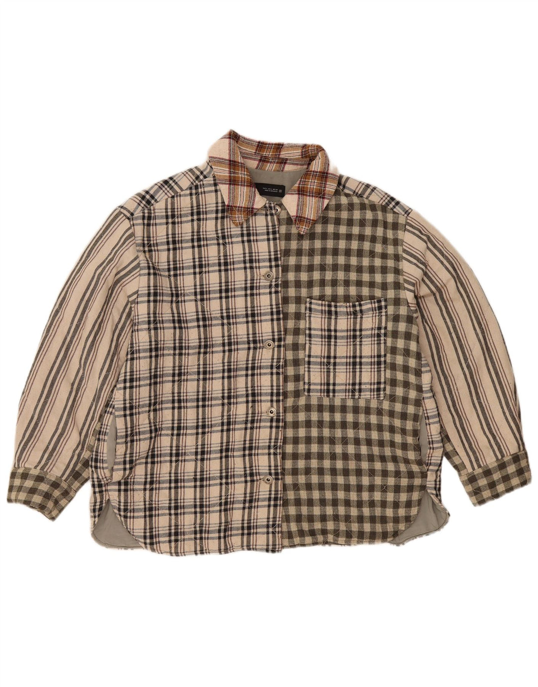 Camisa feminina de flanela lenhador Zara Reino Unido 16 grande poliéster bege patchwork
